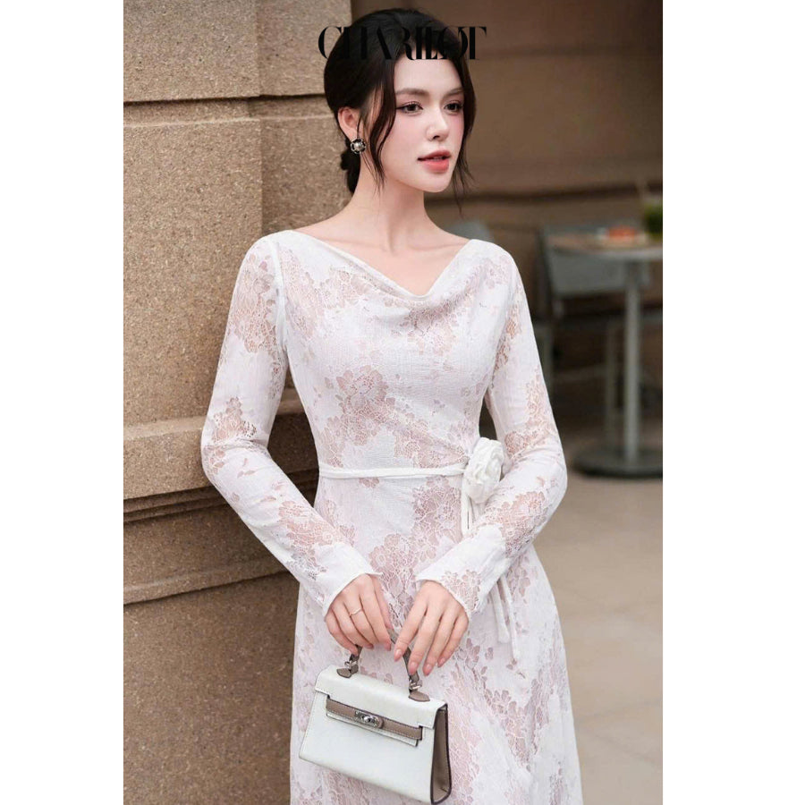 Draped Lace Flower Dress