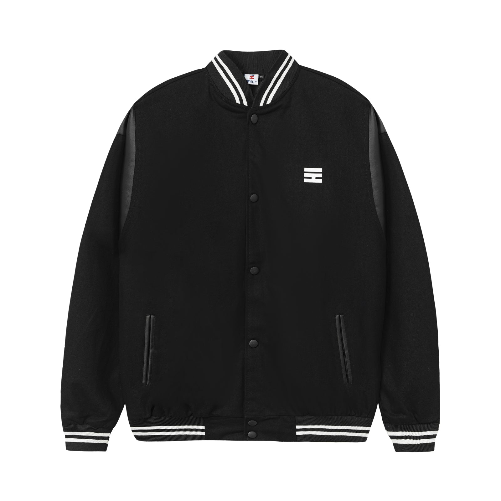 Black varsity jacket with white logo on a white background