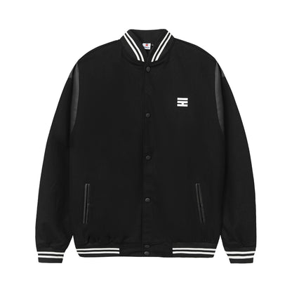 Black varsity jacket with white logo on a white background