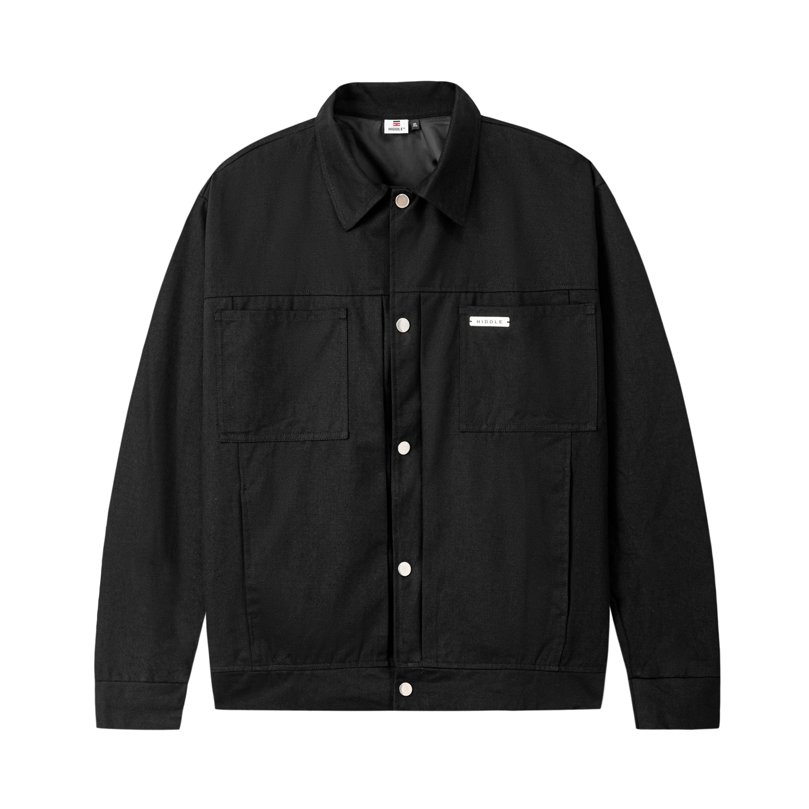 Black jacket with button details on a white background
