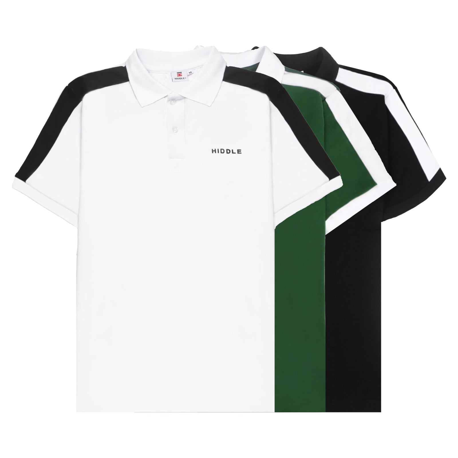 White polo shirt with black and green accents on a white background