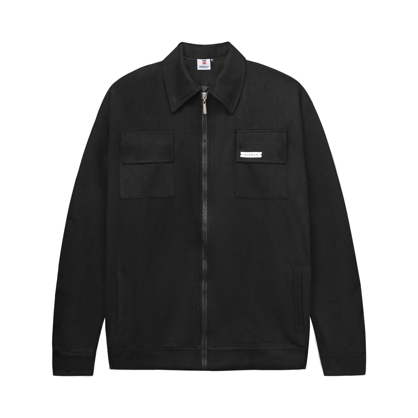 Black jacket with a brand logo on a white background