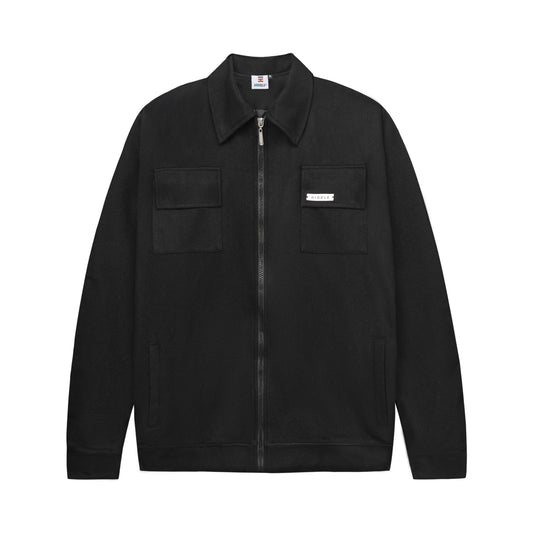 Black jacket with a brand logo on a white background