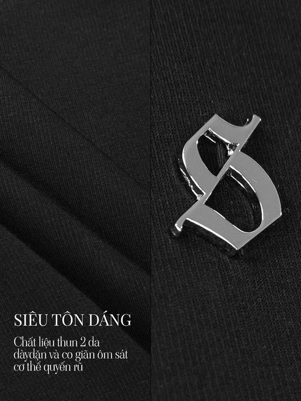 Metallic logo on a black background with text overlay