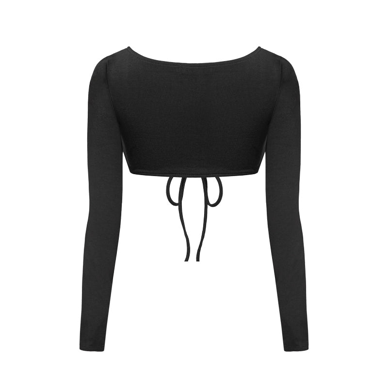 Black long-sleeve crop top with a tie detail on a white background