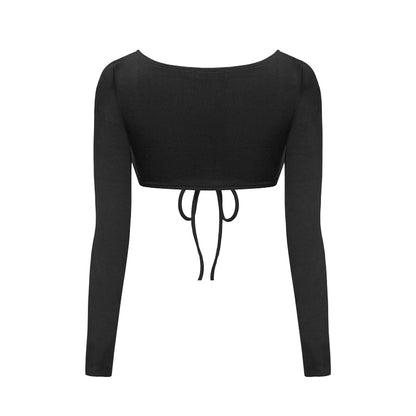 Black long-sleeve crop top with a tie detail on a white background