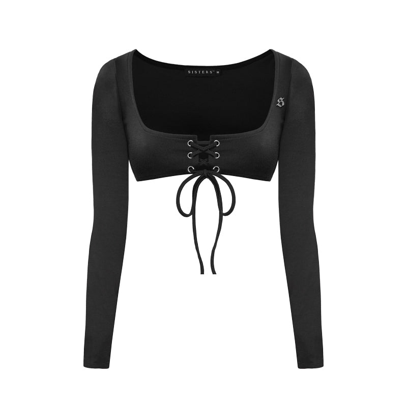 Black long-sleeve crop top with lace-up front design on a white background