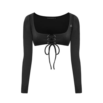 Black long-sleeve crop top with lace-up front design on a white background