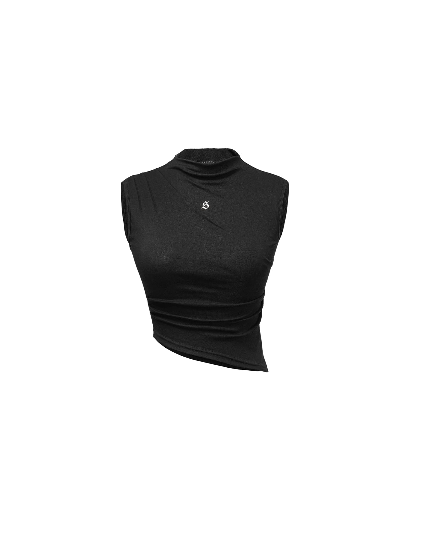 Black sleeveless top with a logo on a white background