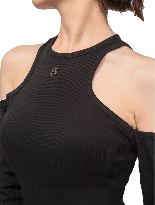 Black ribbed tank top with cut-out shoulders on a white background