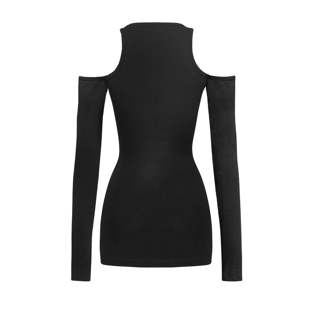 Black long-sleeve dress with cut-out shoulders on a white background