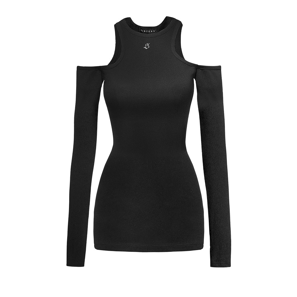 Black long-sleeve dress with cut-out shoulders on a white background