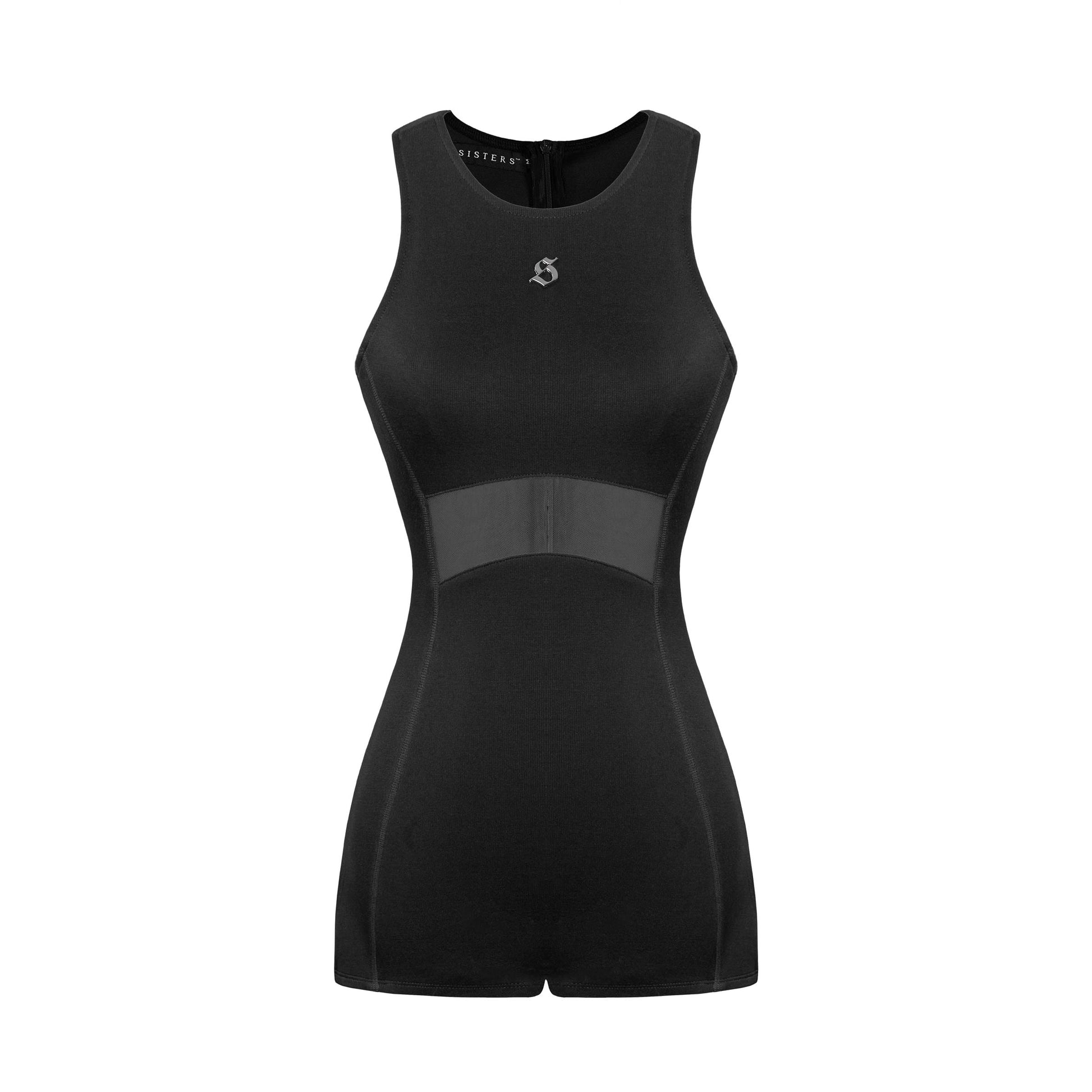 Black sleeveless romper with mesh panels on a white background