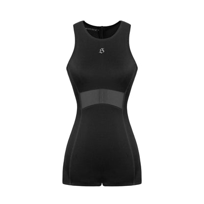 Black sleeveless romper with mesh panels on a white background