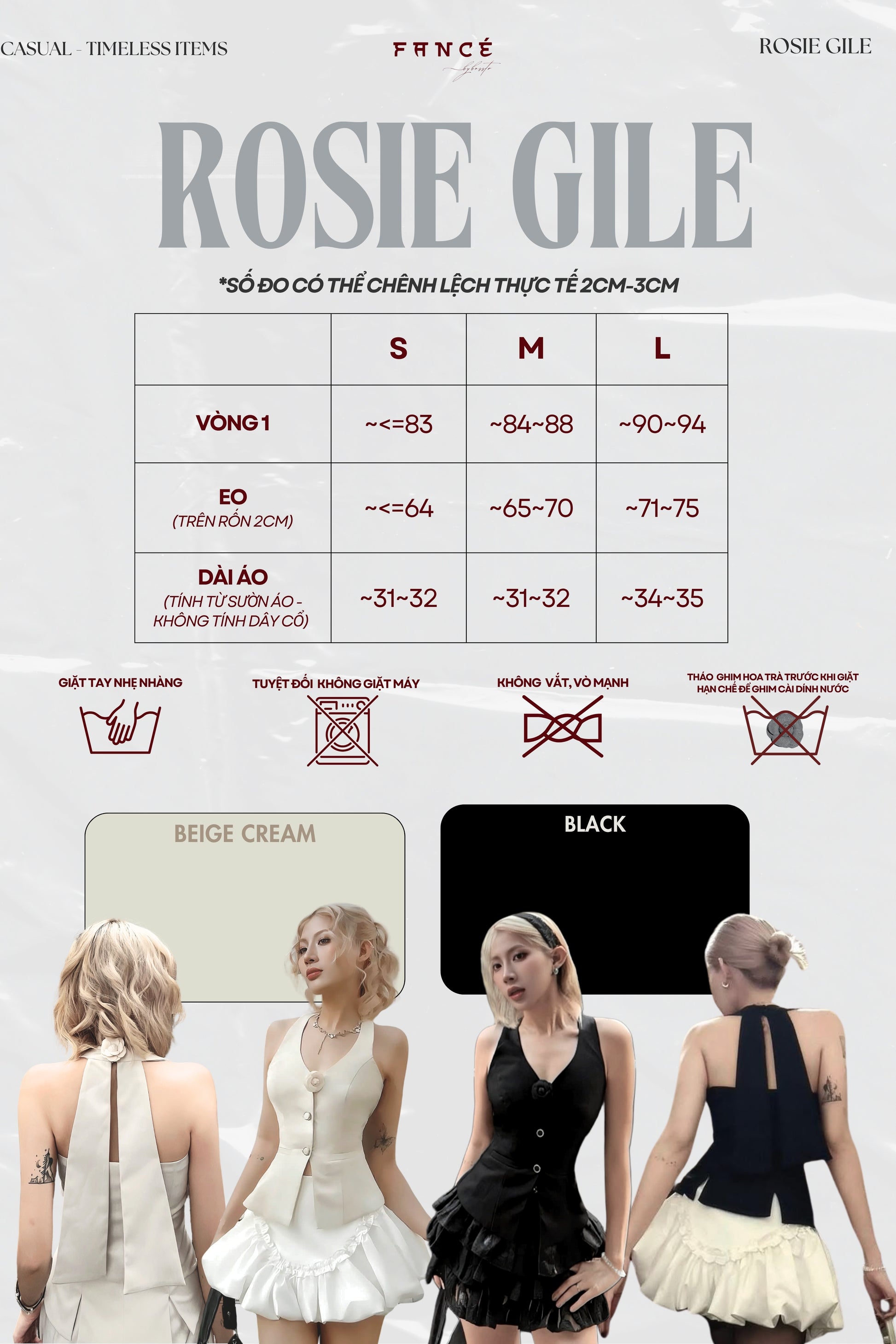 Rosie Gile clothing size chart with models wearing dresses in beige and black.