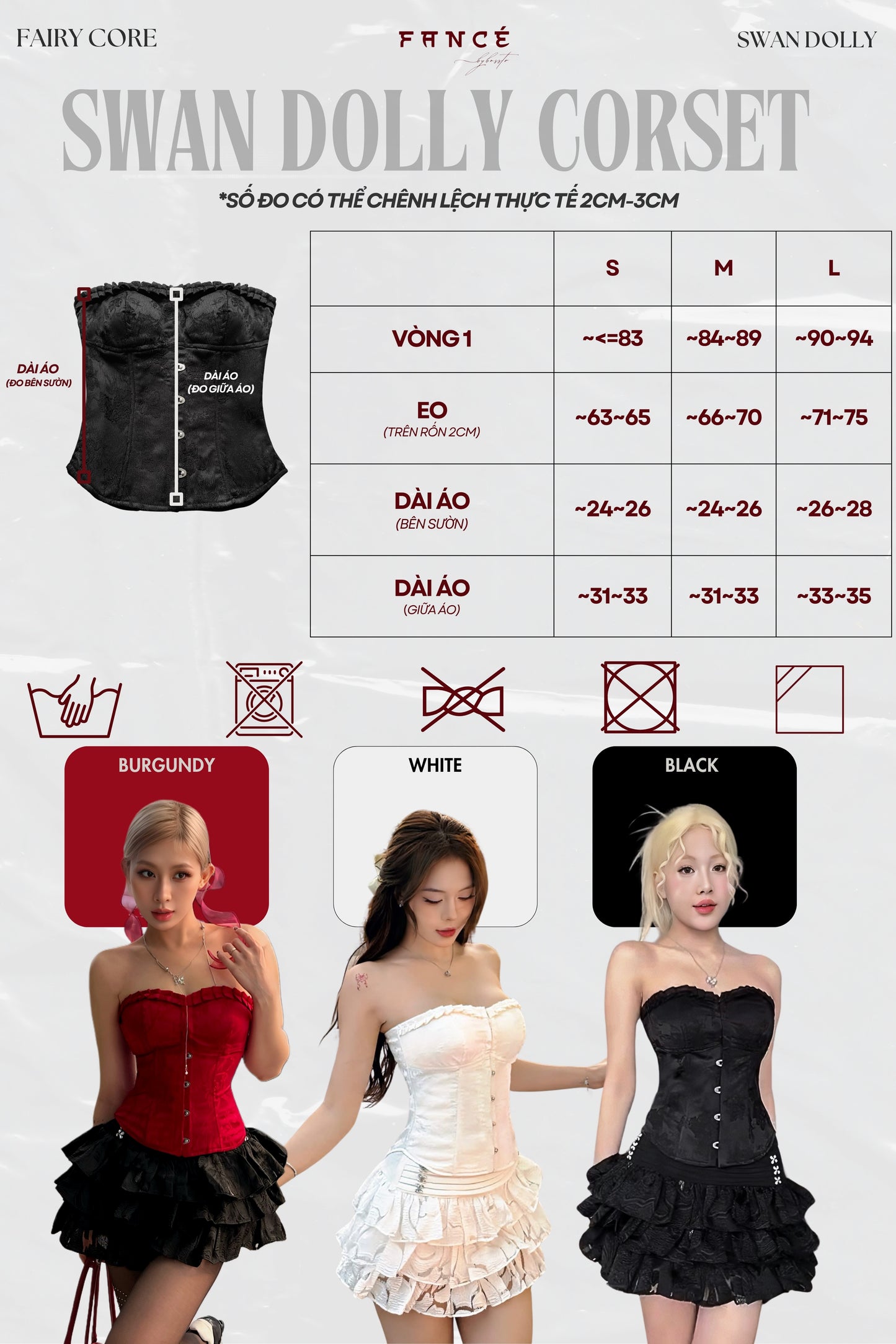 Promotional image of Swan Dolly corset with size chart and color options.