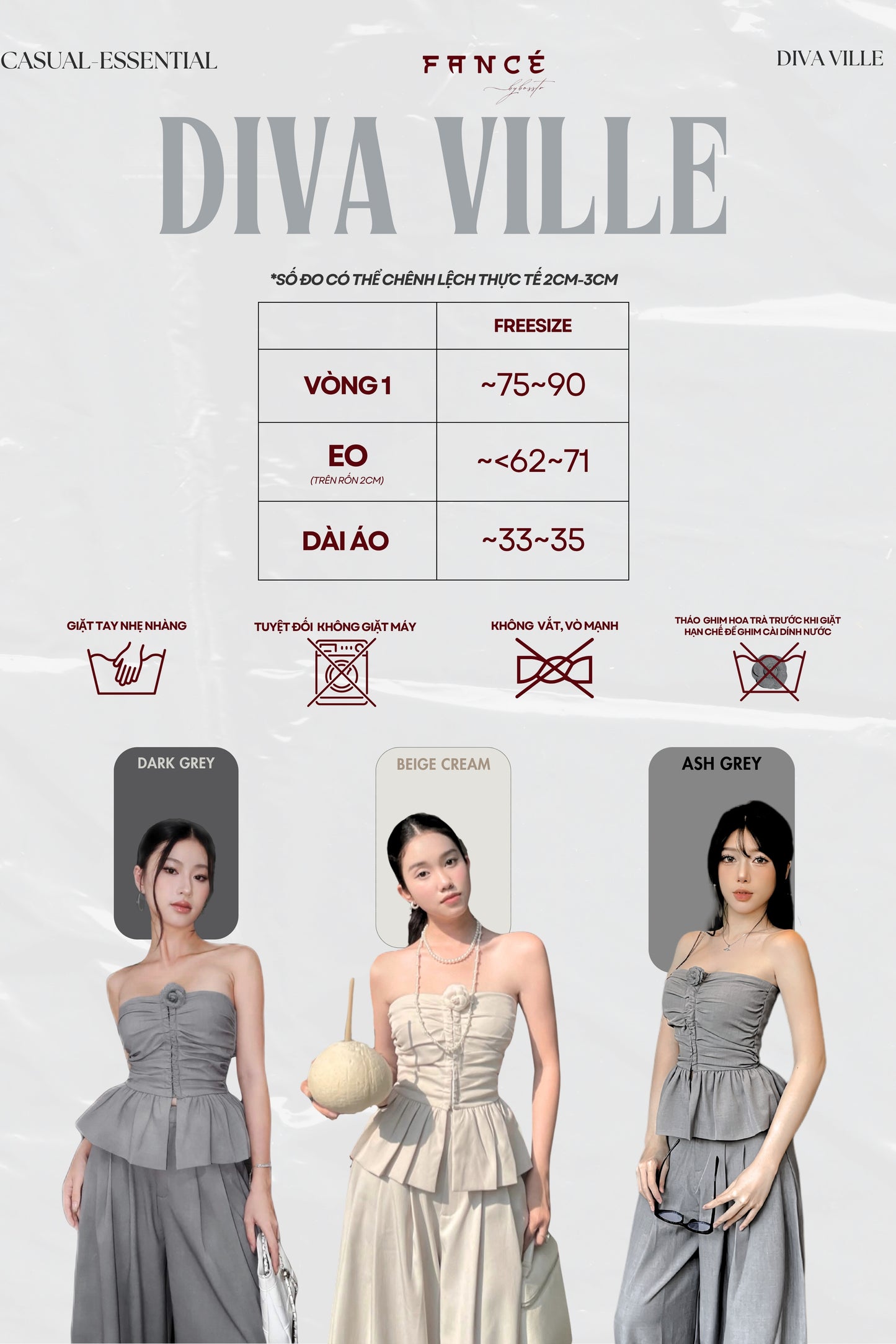 Dress size chart for 'Diva Ville' with model wearing a strapless dress in dark gray, beige, and ash gray.