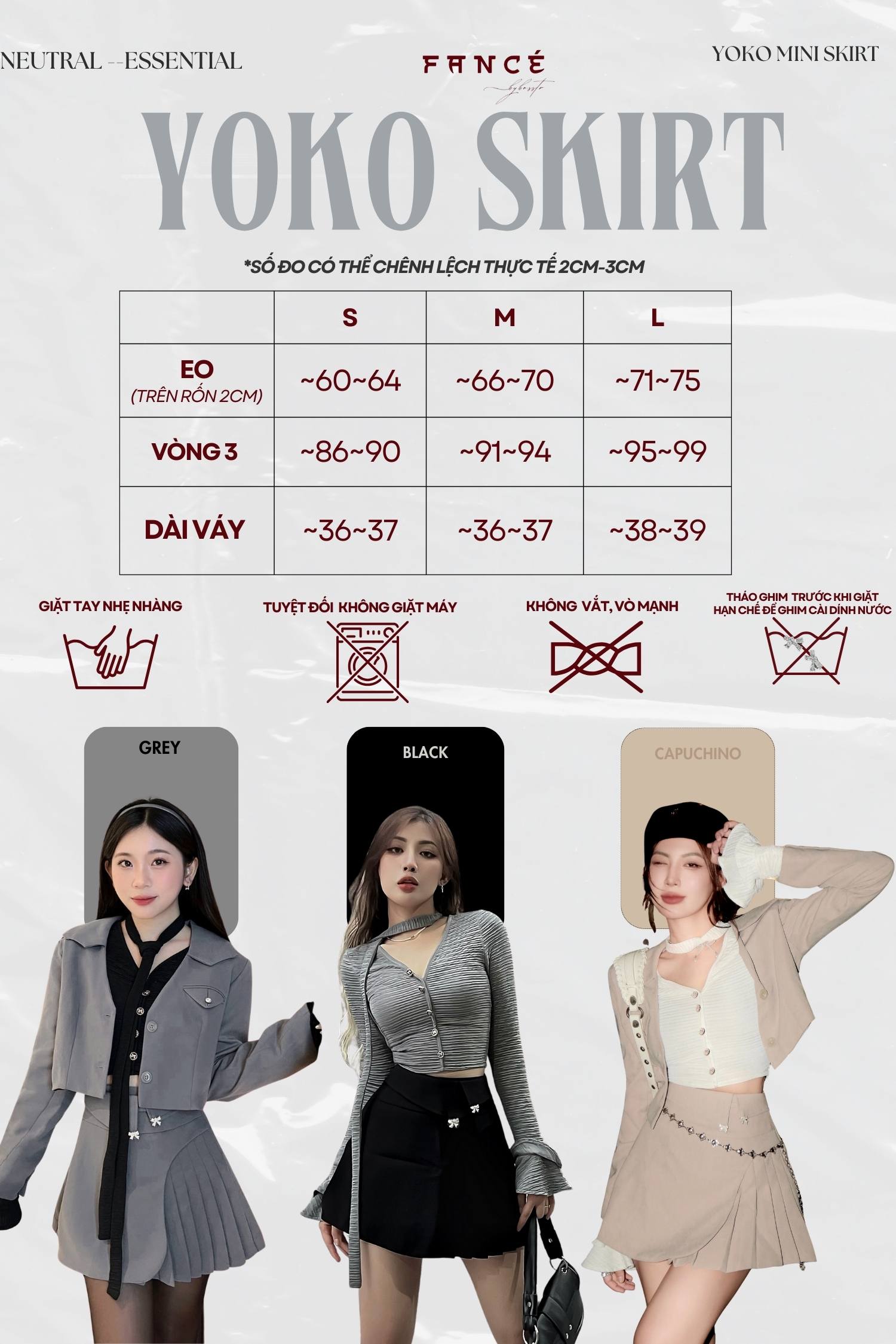 Yoko Skirt size chart with models wearing the skirt in different colors.