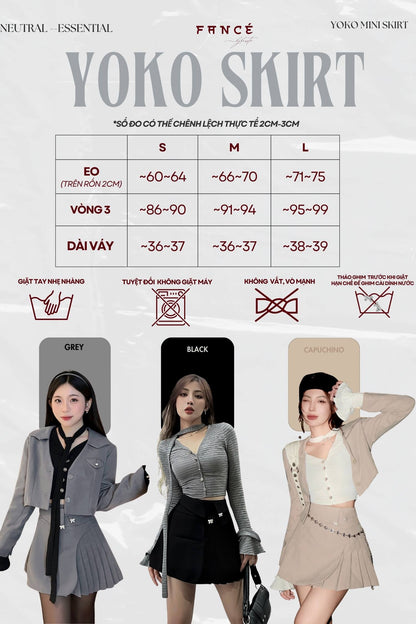 Yoko Skirt size chart with models wearing the skirt in different colors.
