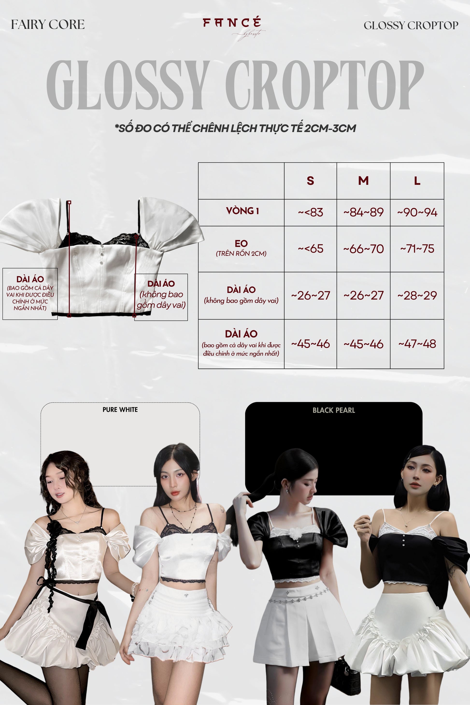 Glossy Croptop product information with size chart and model wearing the garment.