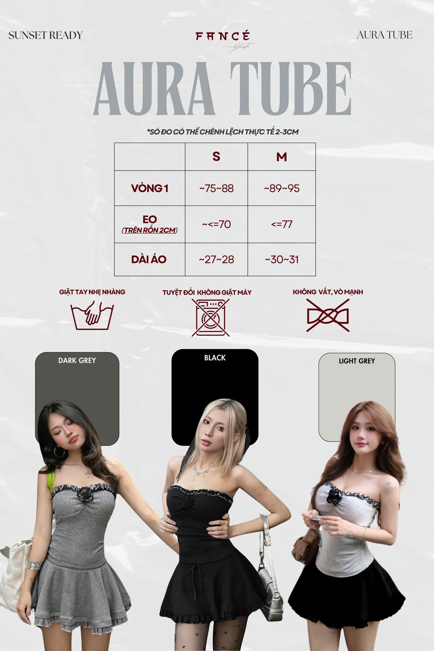 Product display with 'Aura Tube' branding and size chart, featuring three models wearing different outfits.