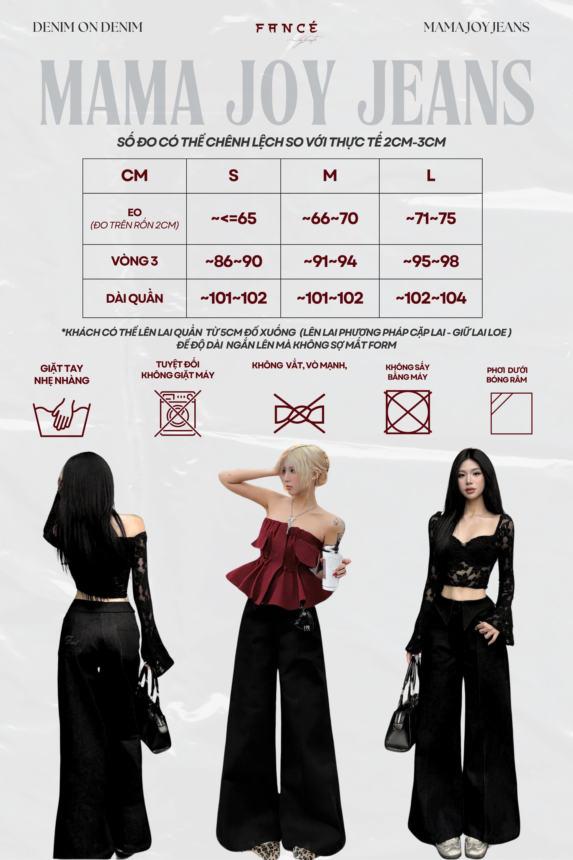 Mama Joy Jeans size chart with models wearing the jeans.