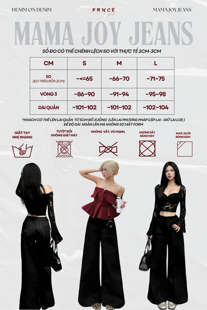 Mama Joy Jeans size chart with models wearing the jeans.