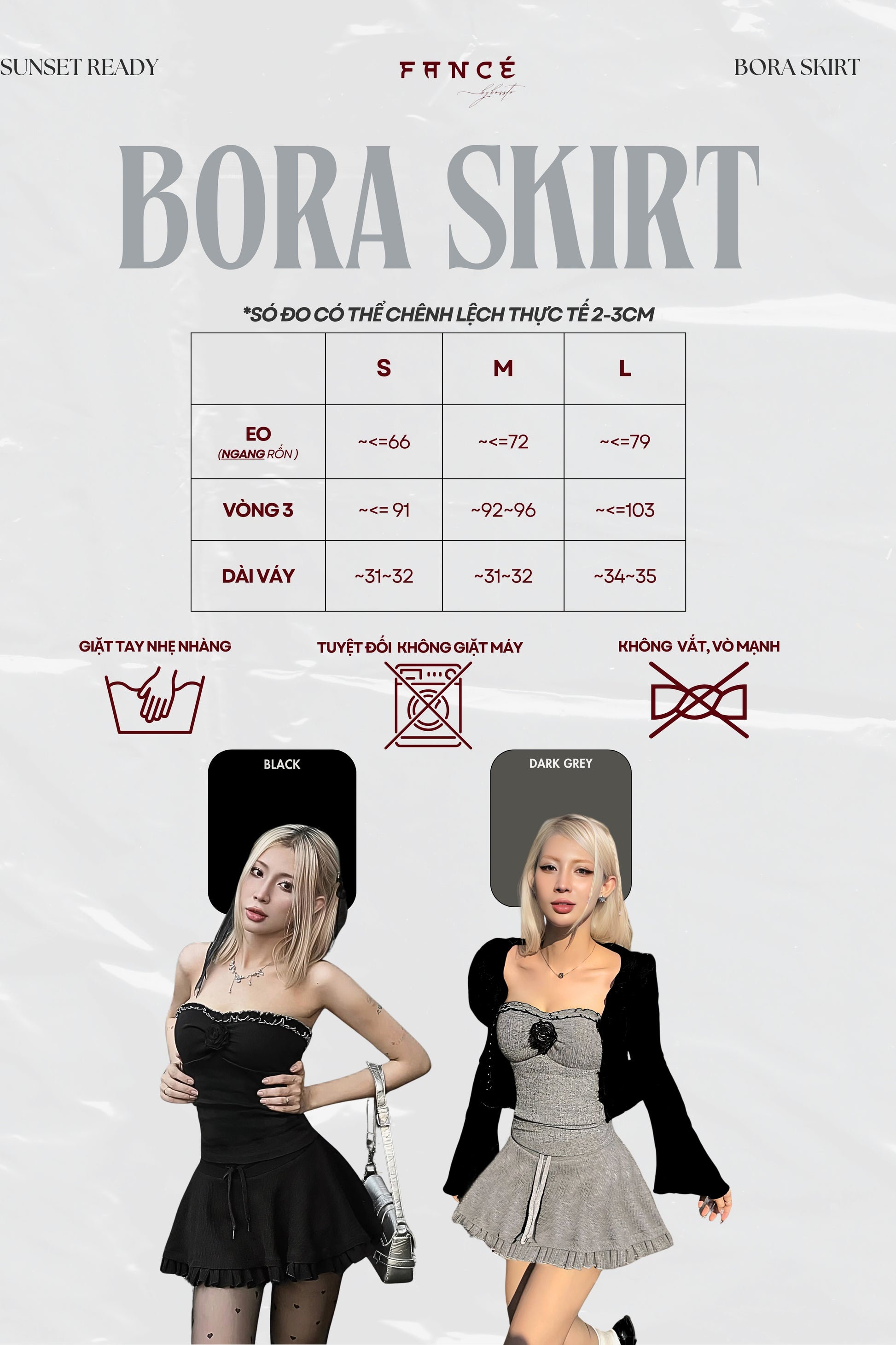 Product description sheet for 'Bora Skirt' with size chart and model wearing the skirt.