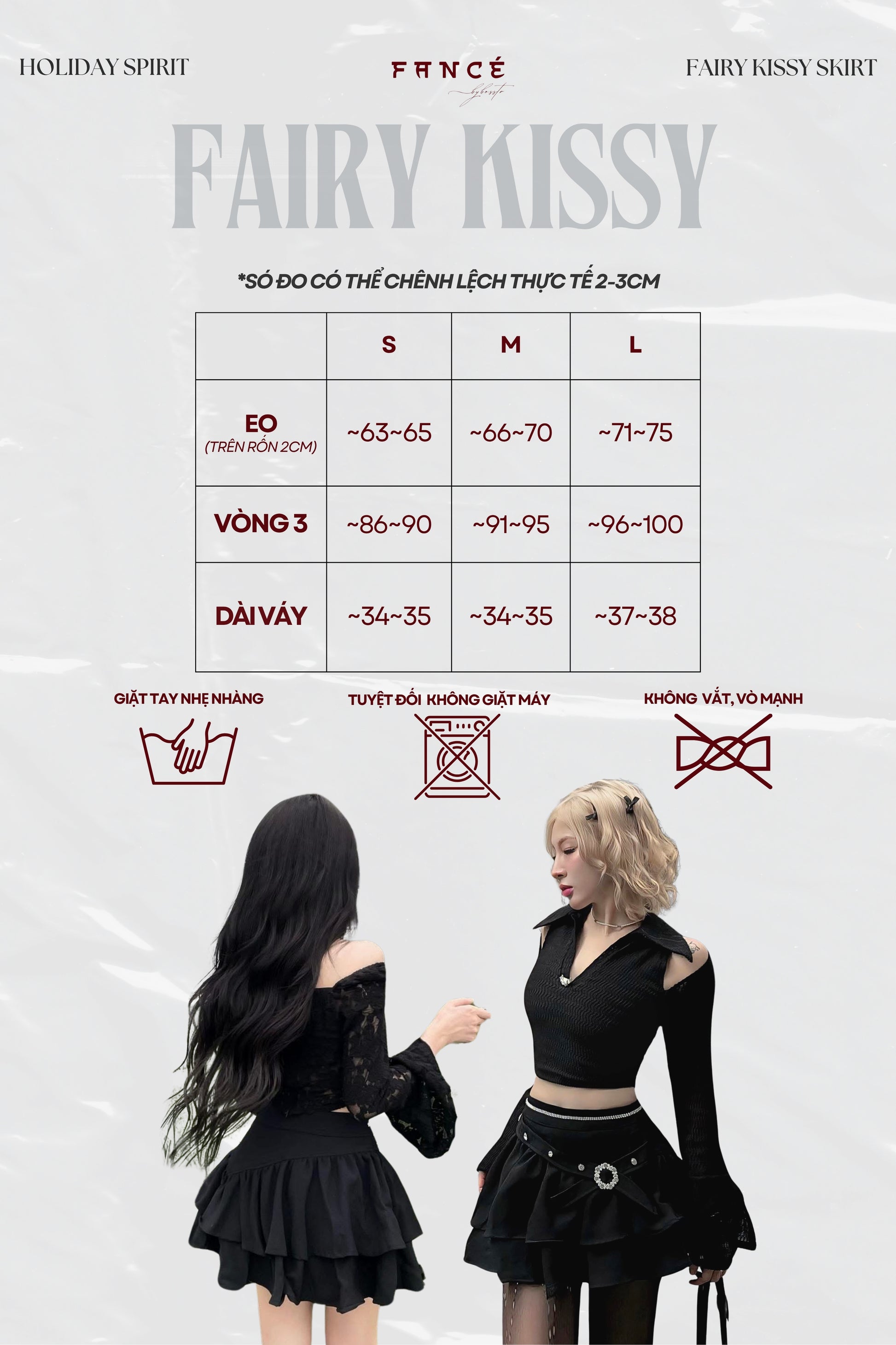 Fancé Fairy Kissy skirt size chart with two models wearing the skirt.