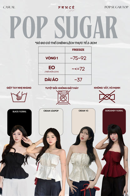 Pop Sugar clothing size chart with models wearing tops in various colors.