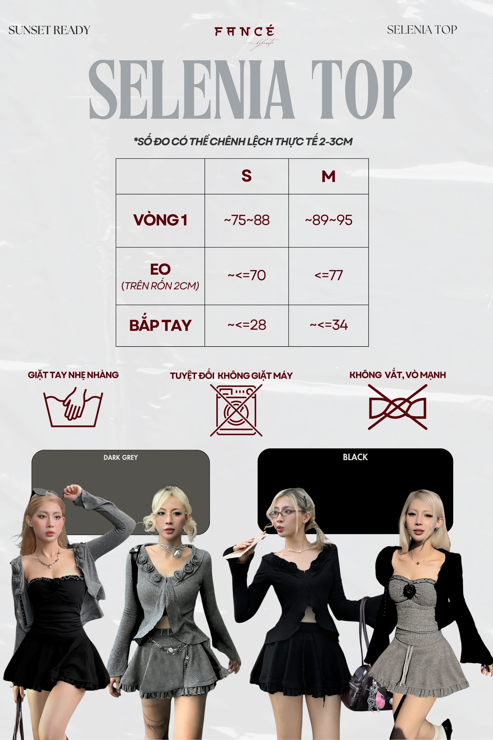 Size chart and outfit display for 'Selenia Top' with measurements and color options.