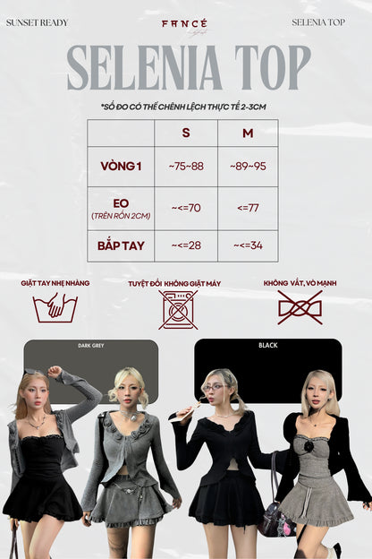 Size chart and outfit display for 'Selenia Top' with measurements and color options.