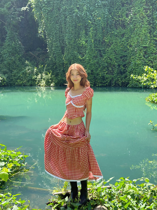 Red Plaid Gauze Top & Adjustable Skirt Set with Silk Lining