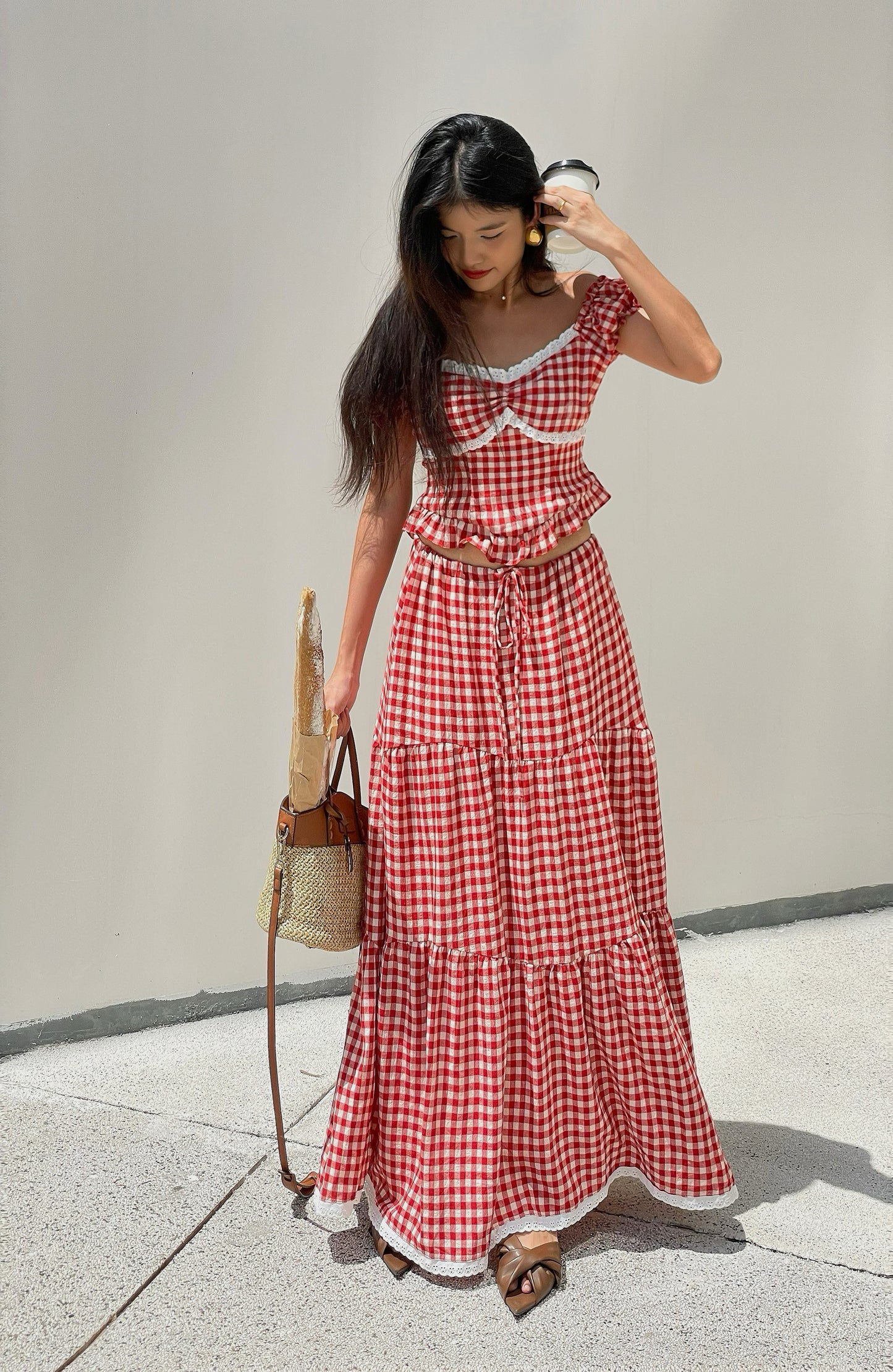 Red Plaid Gauze Top & Adjustable Skirt Set with Silk Lining