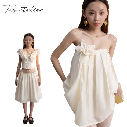 TUS ATELIER pleated linen midi skirt with silk lining