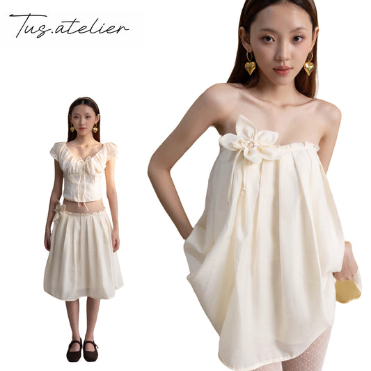 TUS ATELIER pleated linen midi skirt with silk lining