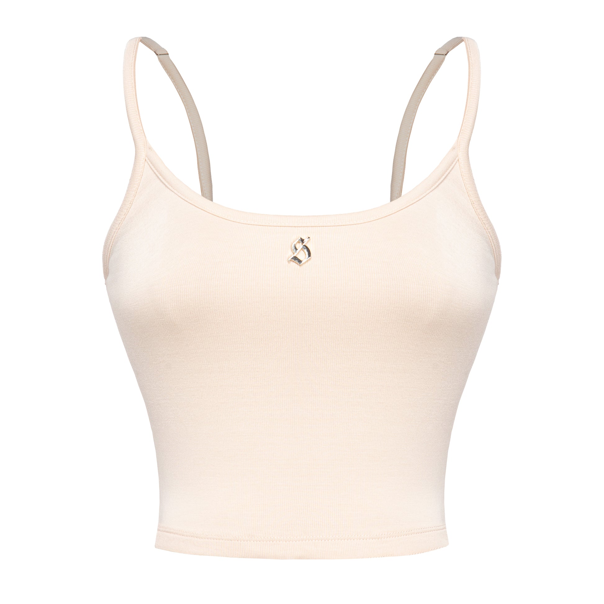 Beige crop top with thin straps on a white background