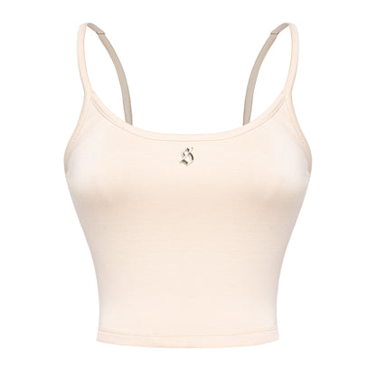 Beige crop top with thin straps on a white background