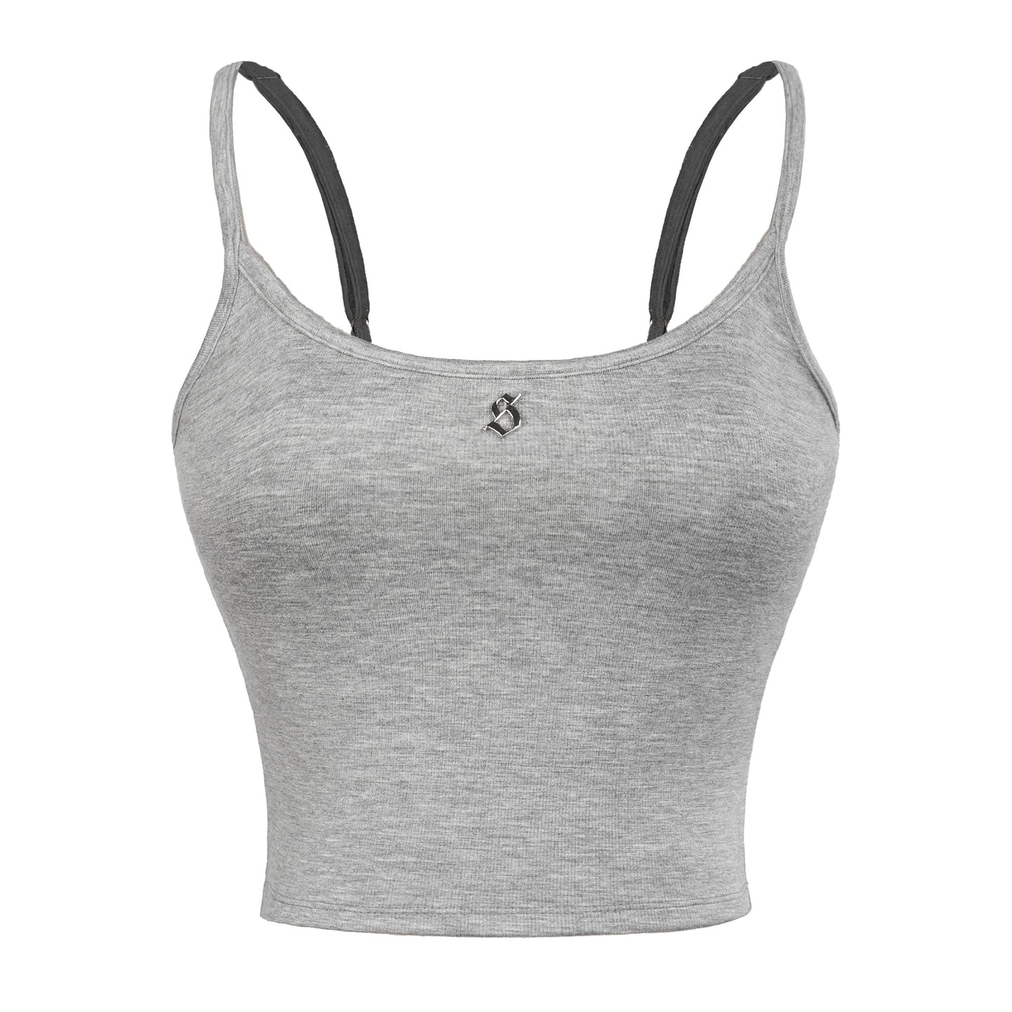 Gray sports bra with black straps on a white background