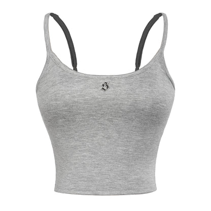 Gray sports bra with black straps on a white background