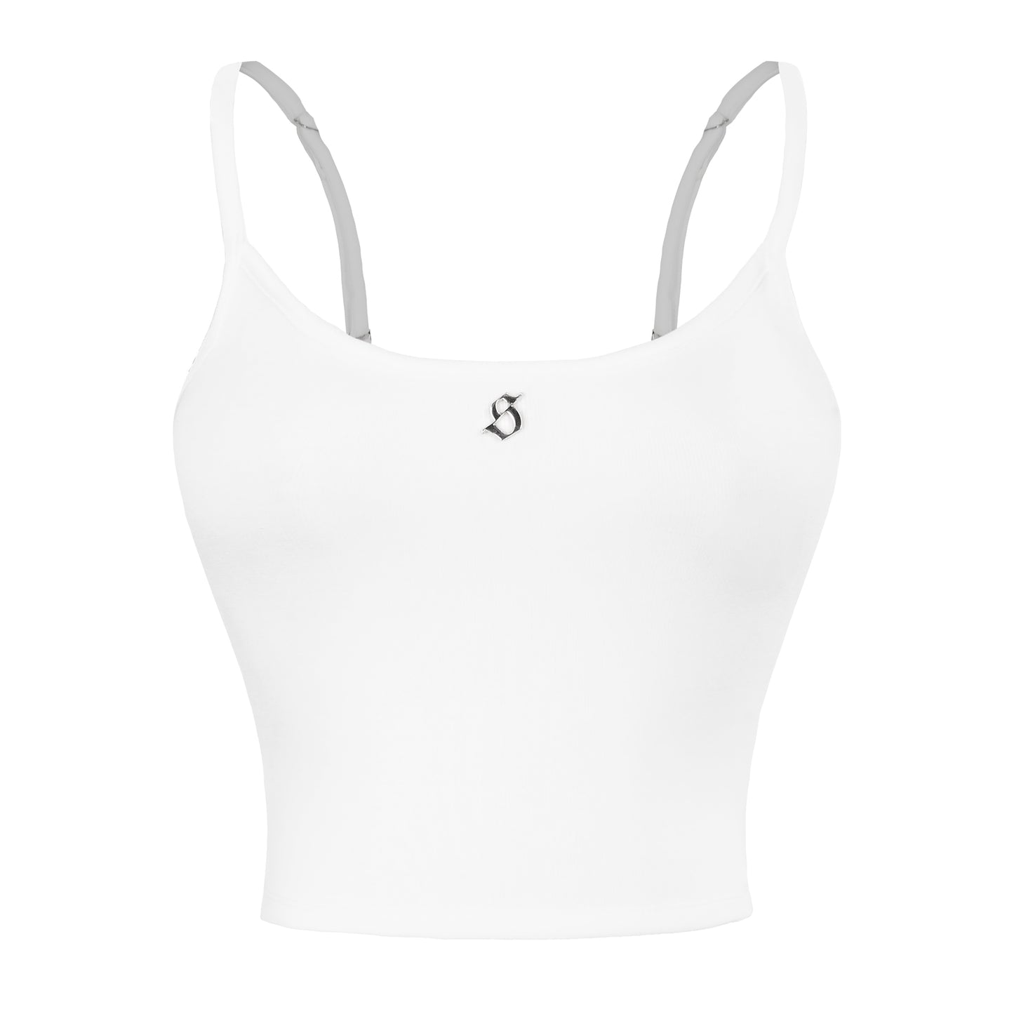 White sports bra with thin straps on a white background