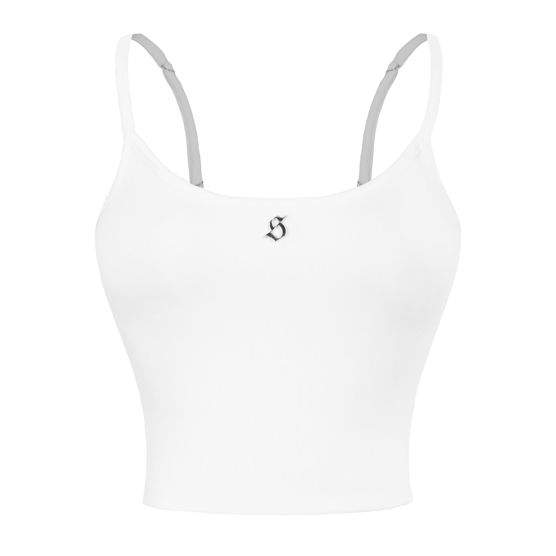 White sports bra with thin straps on a white background