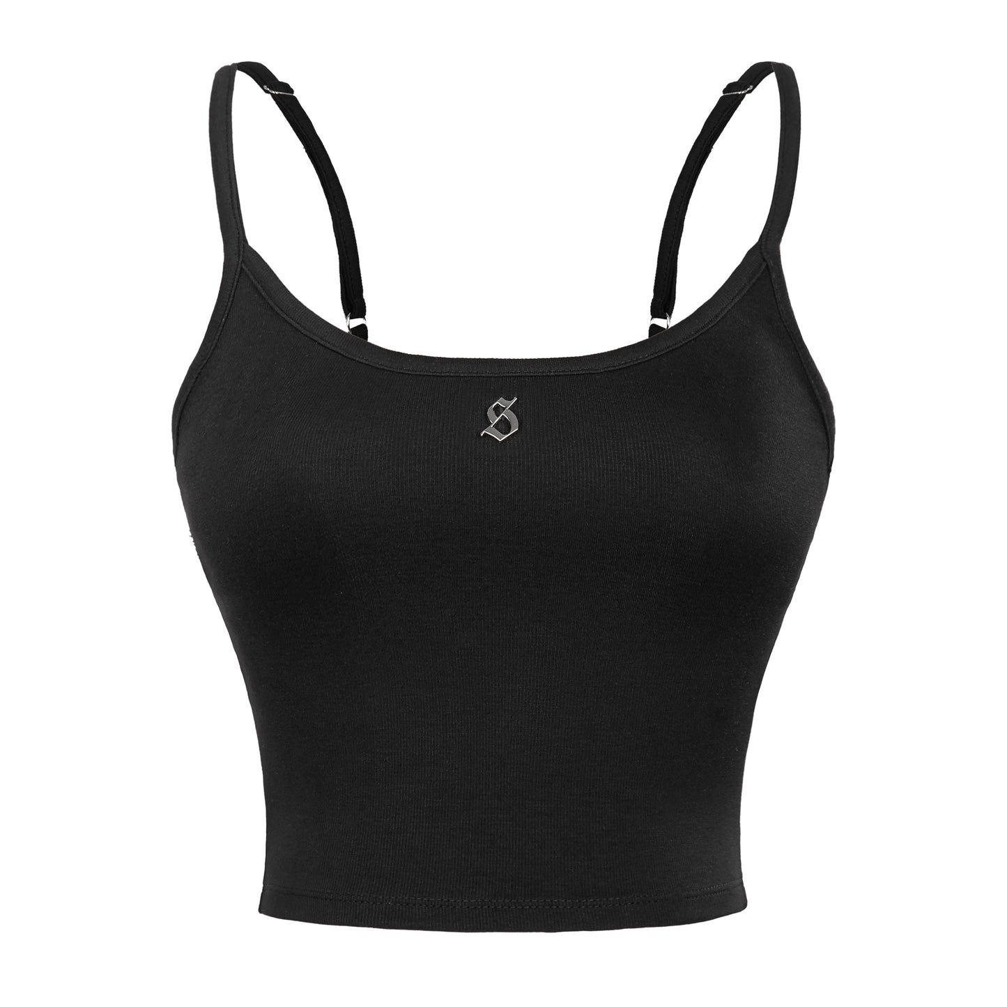 Black sports bra with thin straps on a white background