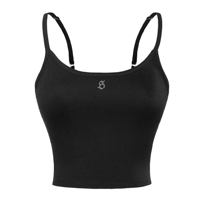 Black sports bra with thin straps on a white background