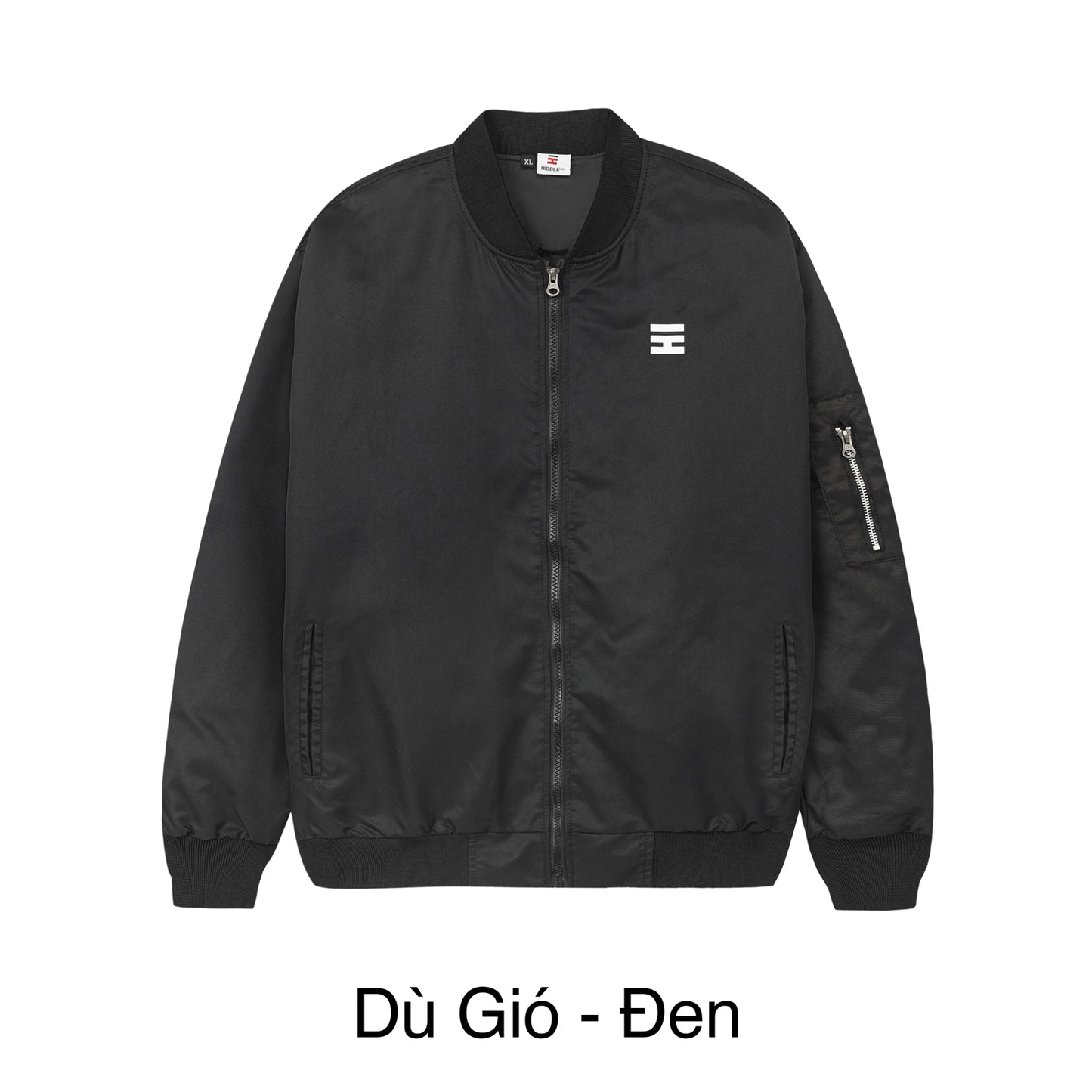 Black jacket with a small logo on a white background