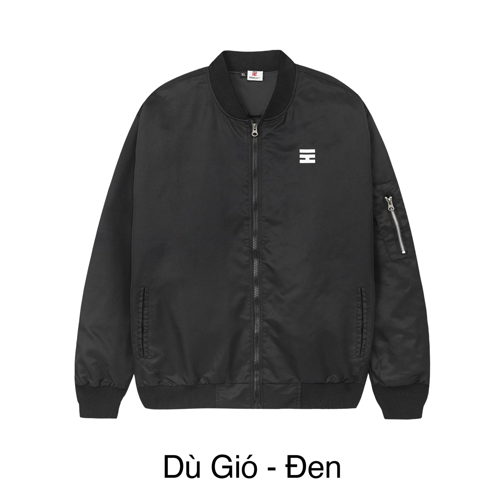 Black jacket with a small logo on a white background