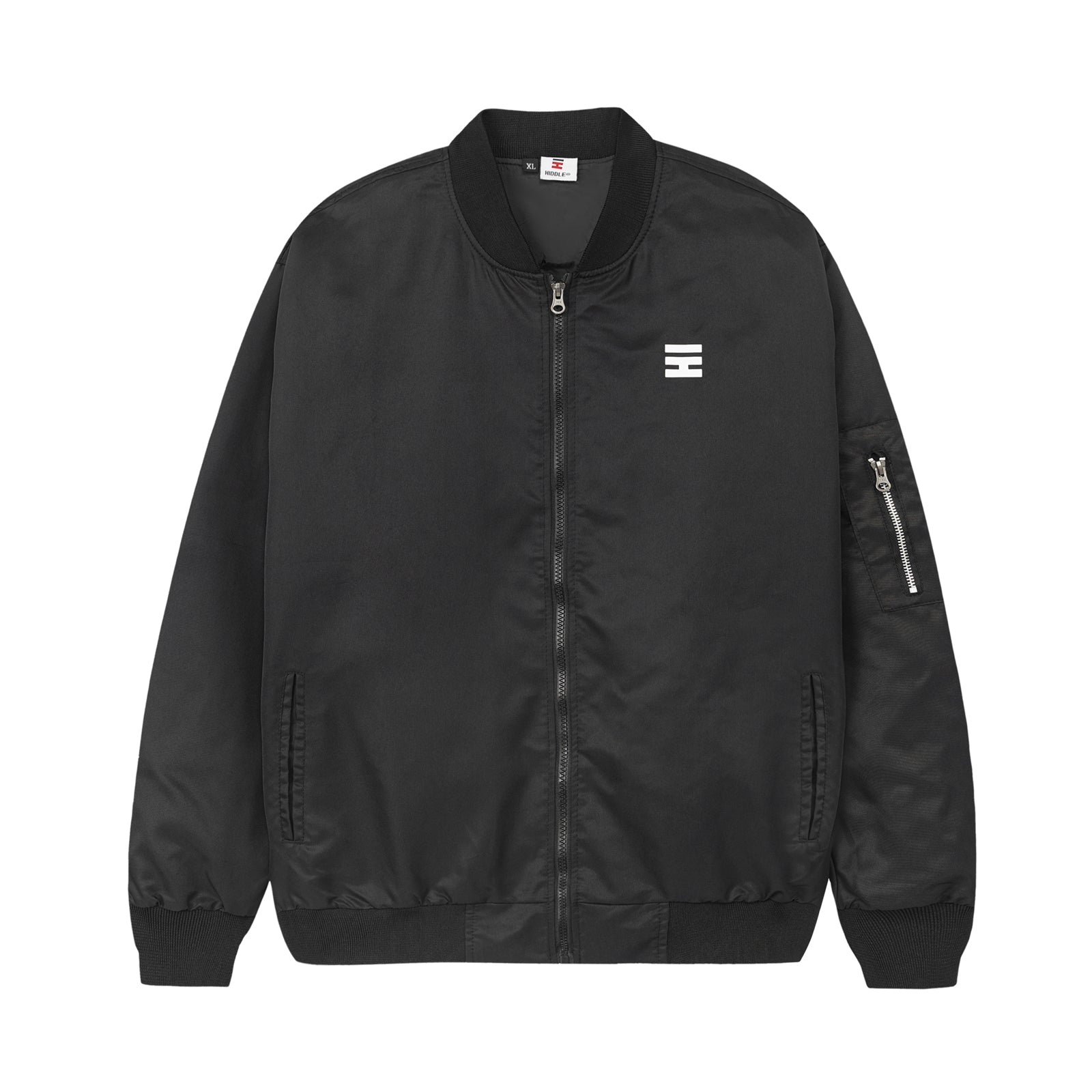 Black bomber jacket with a logo on a white background