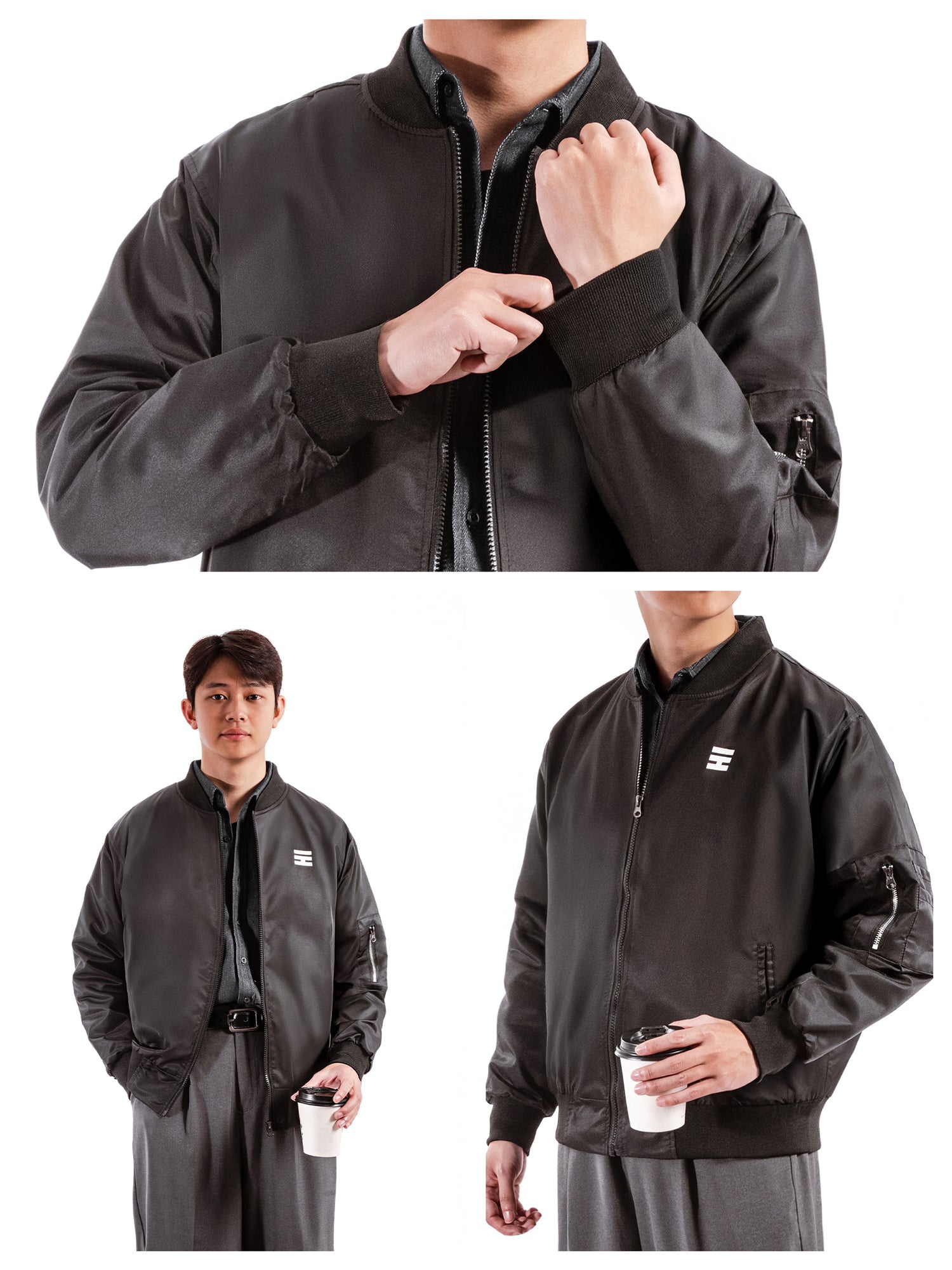 Black jacket with a brand logo worn by a person on a white background