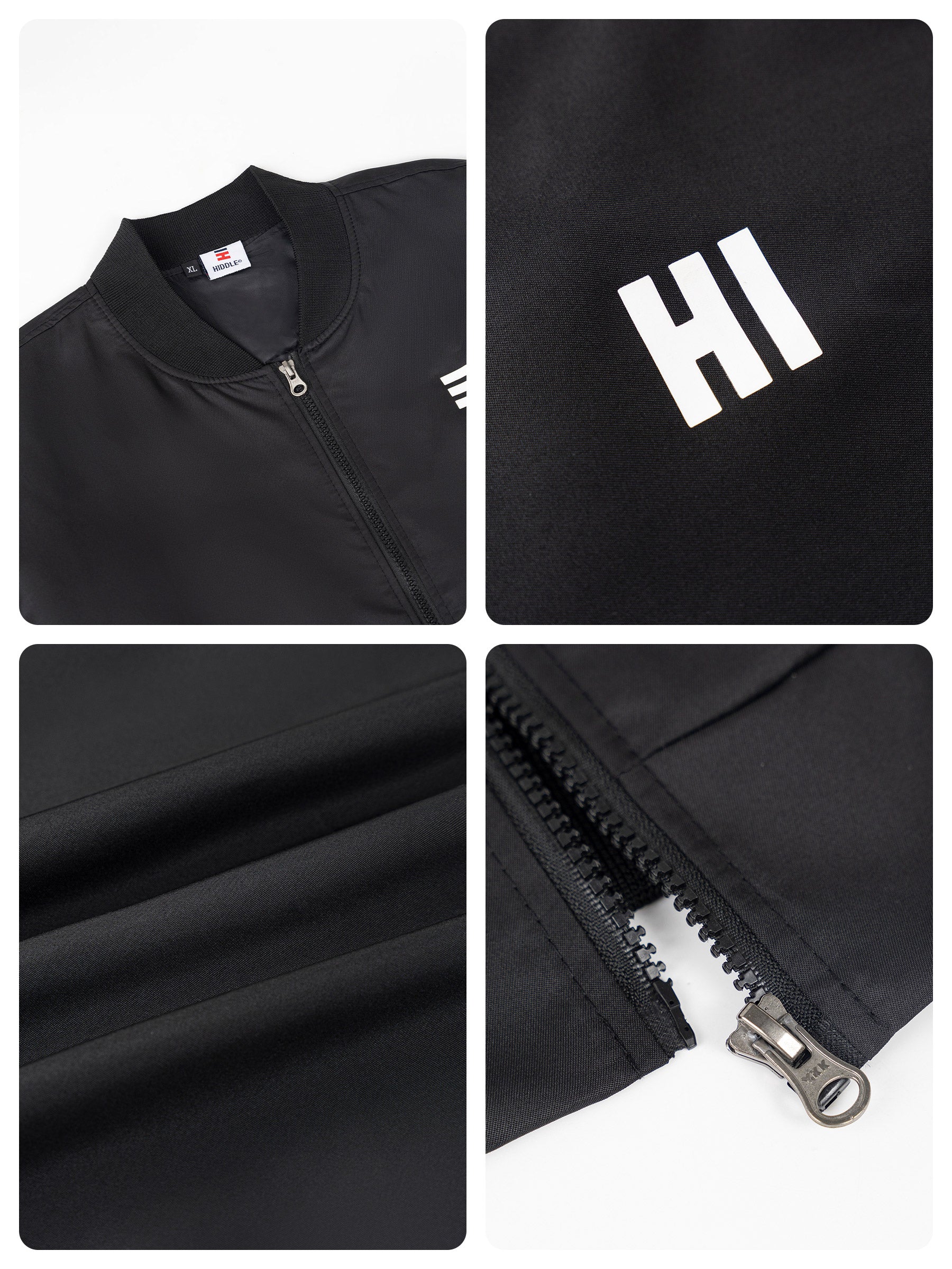 Black jacket with 'HI' logo and zipper details