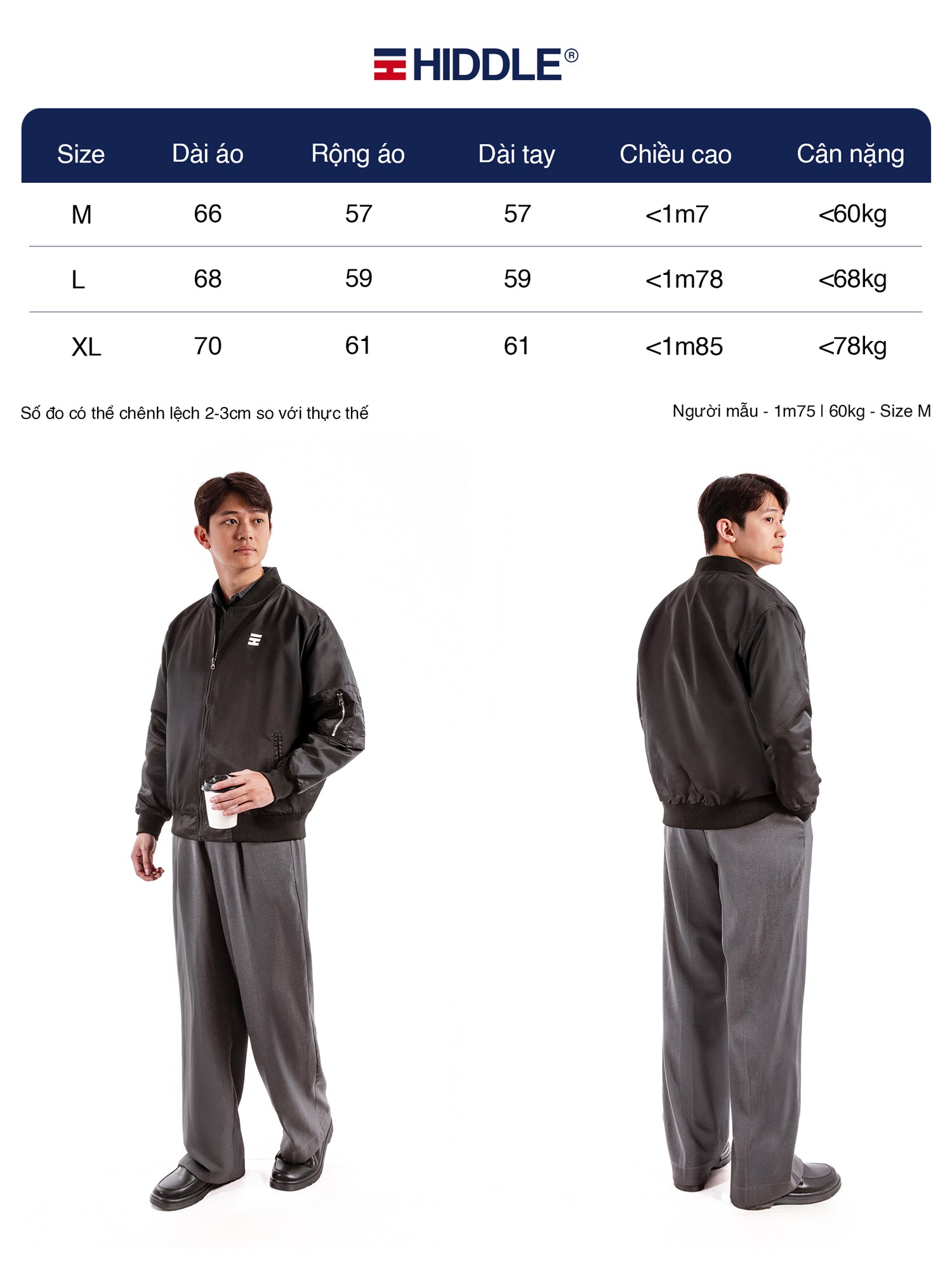 Hiddle size chart with two models wearing a dark jacket and gray pants on a white background.